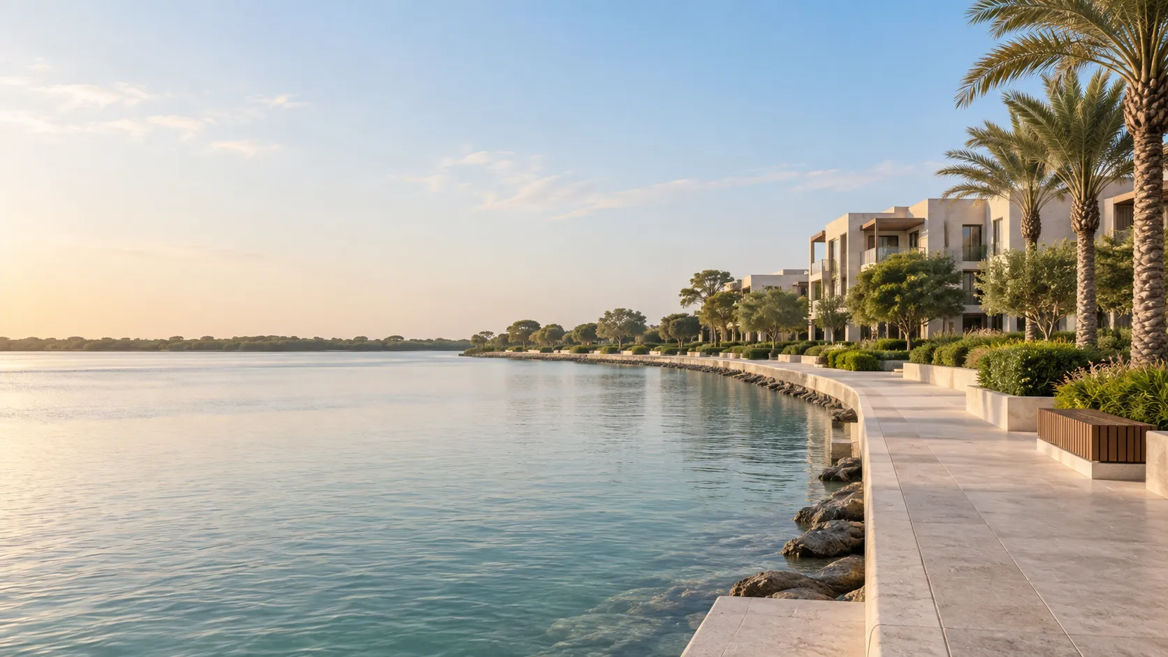 Abu Dhabi nyugodt, elegáns vízpartja, illusztráció