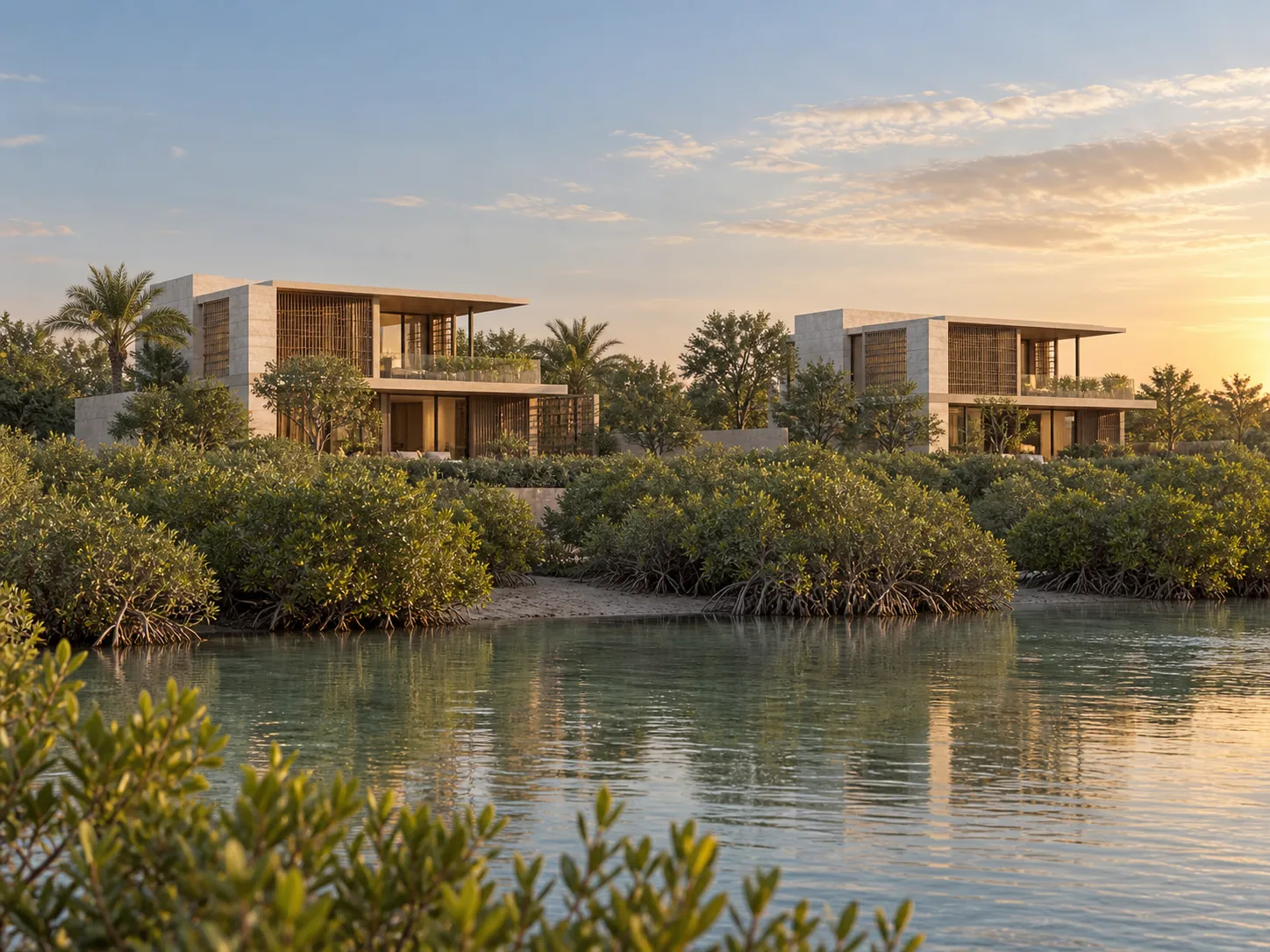 Természetközeli, alacsony beépítésű villák Abu Dhabi környezetében, illusztráció