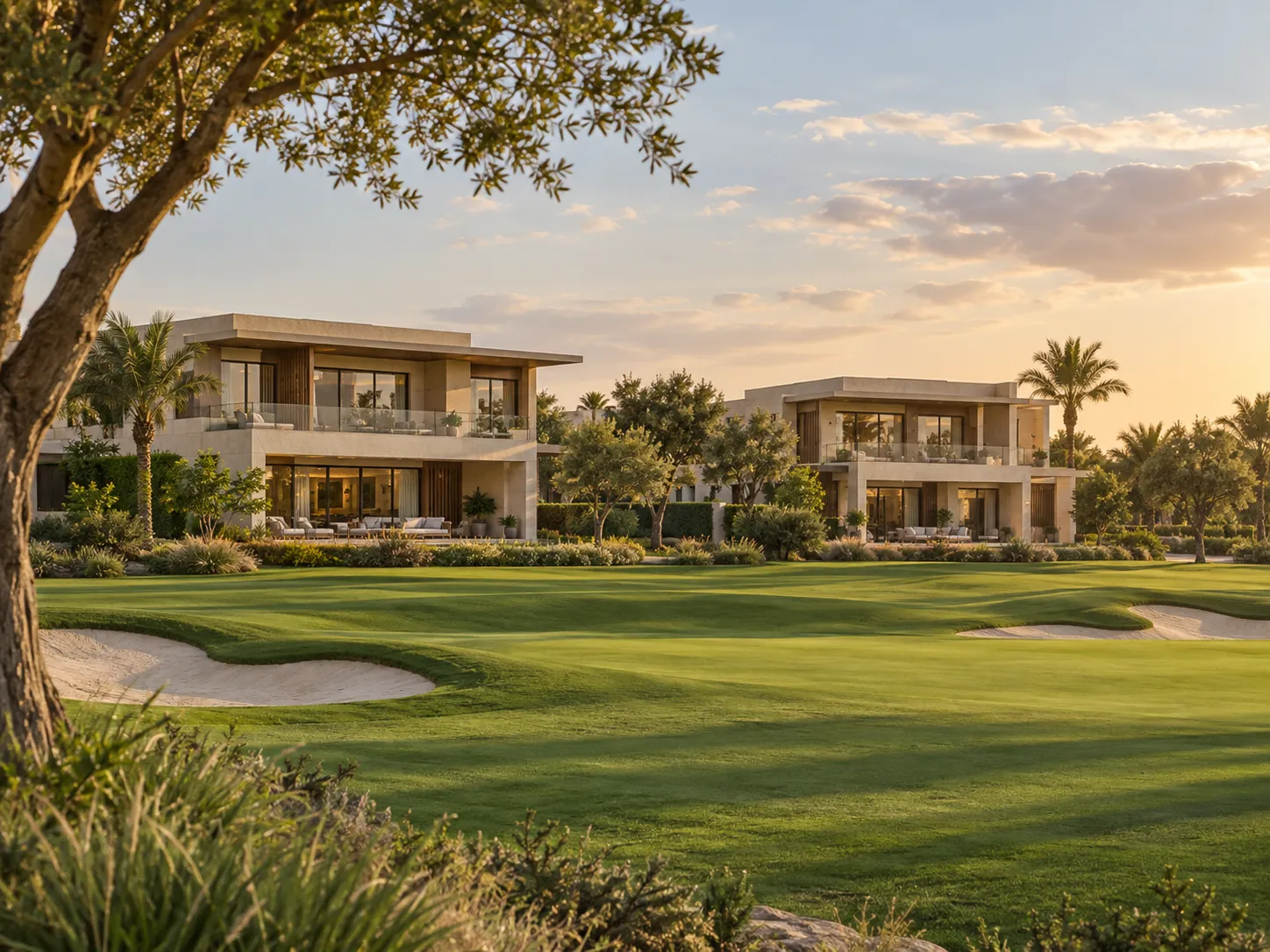 Modern villák golfpálya közelében Dubai Hills területén, illusztráció