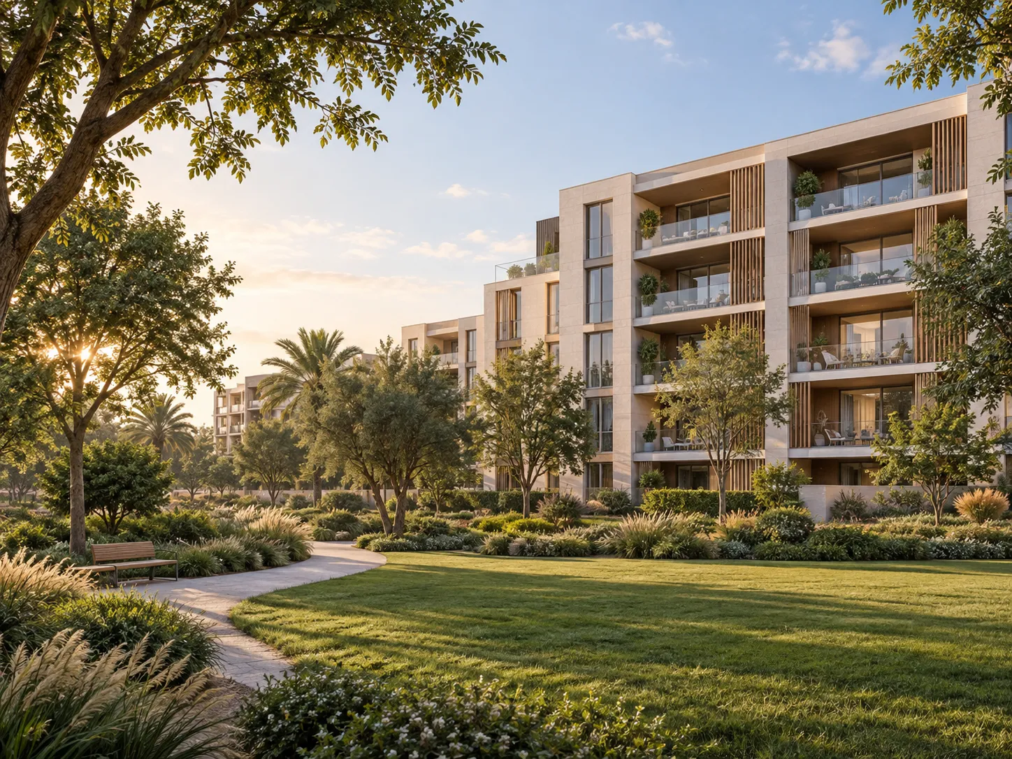 Parkok közelében épült modern lakások Dubai Hills területén, illusztráció