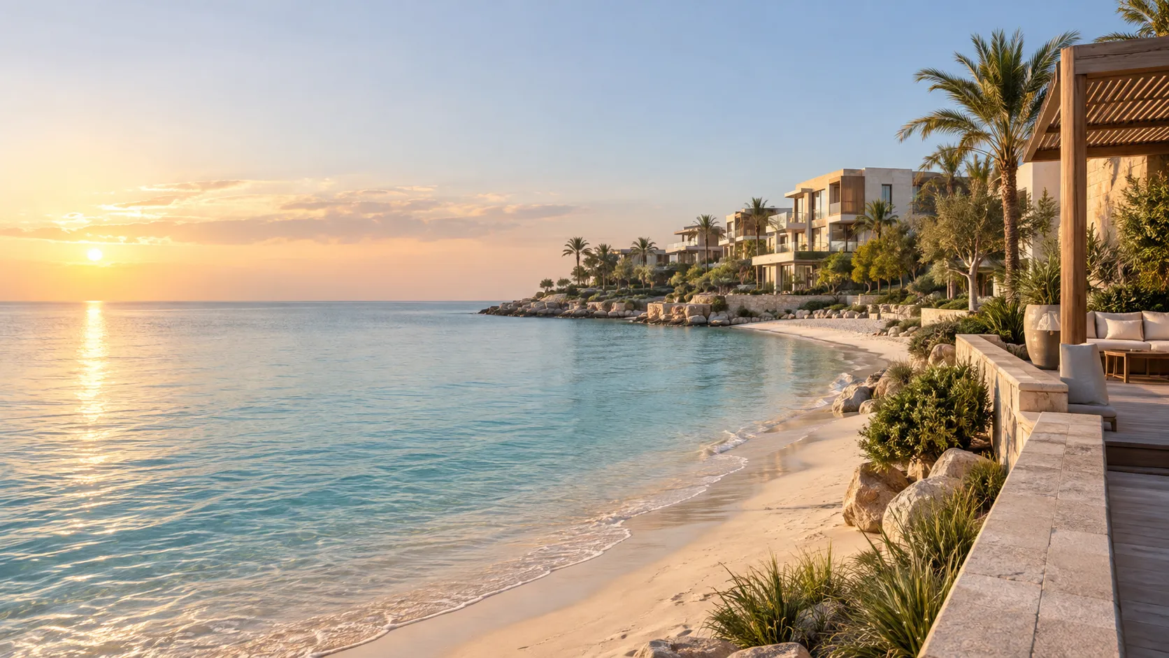Dubai Islands nyugodt szigeti és vízparti hangulata, illusztráció