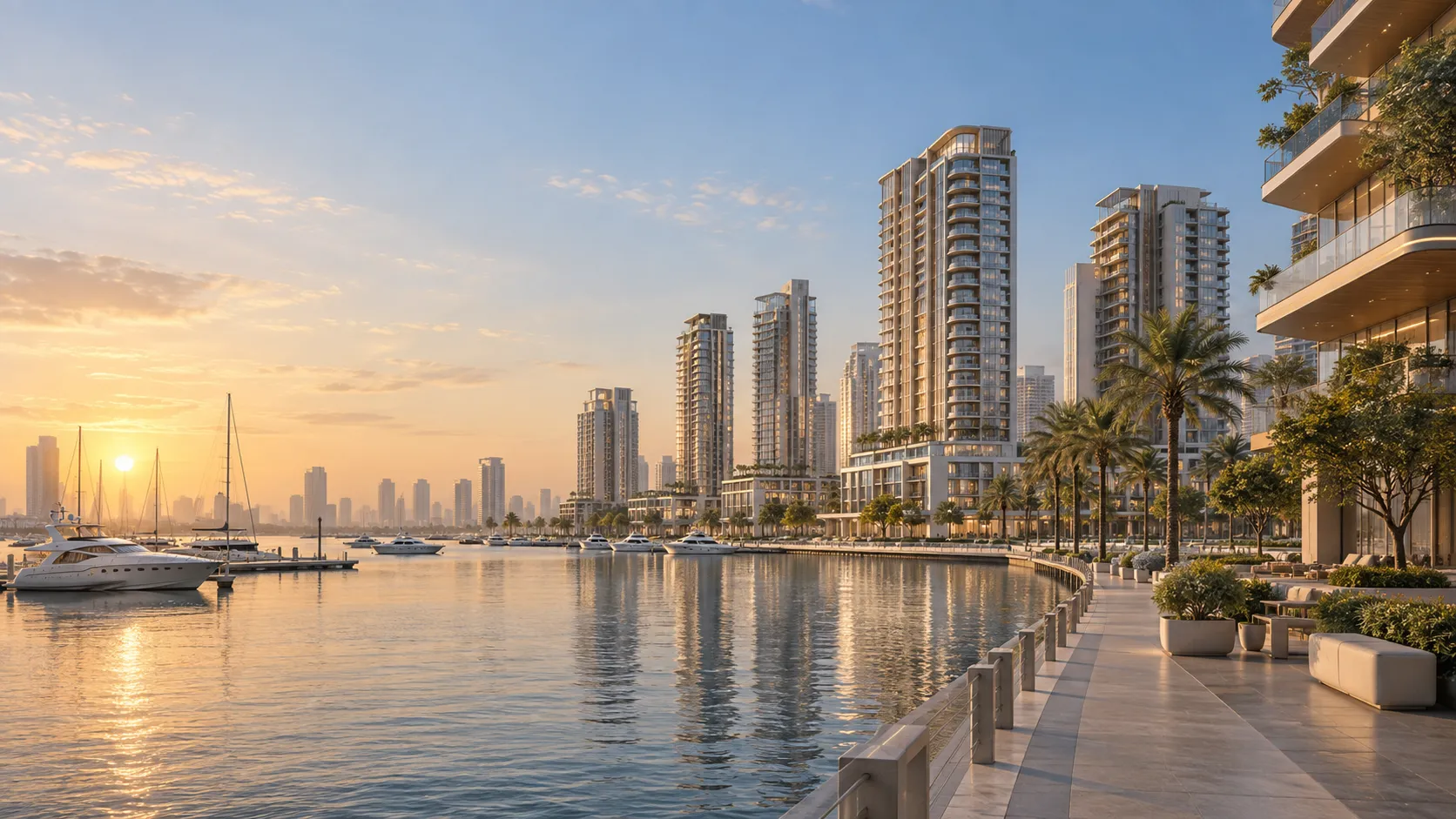 Dubai Marina vízparti városrésze, mesterséges intelligenciával készült illusztráció