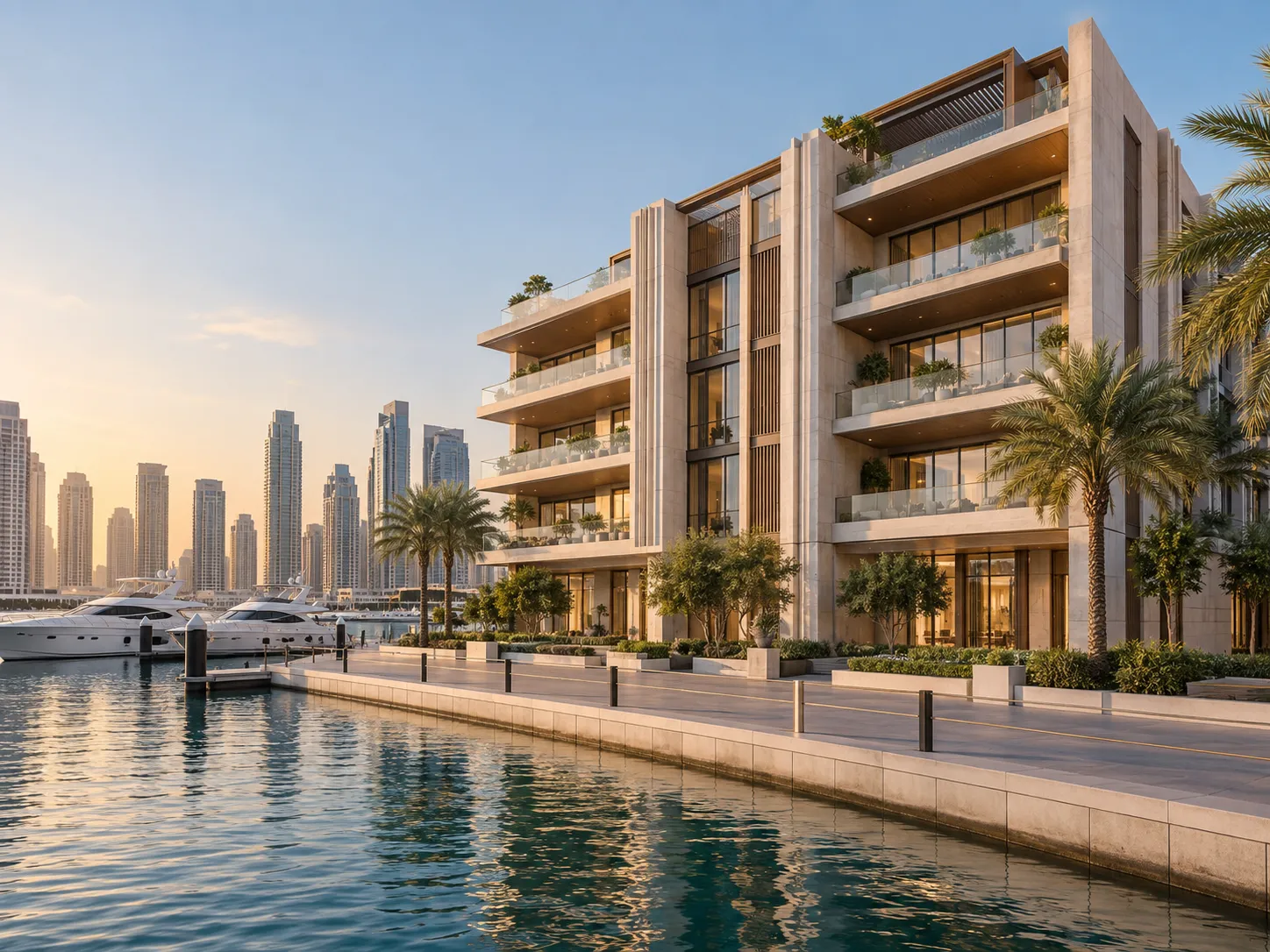 Vízparti társasház Dubai Marinában, mesterséges intelligenciával készült illusztráció